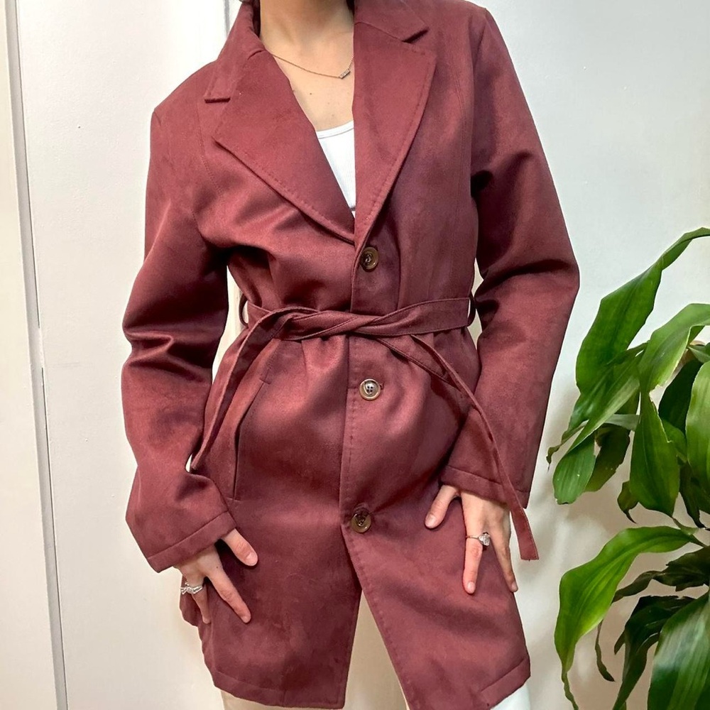 Vintage Burgundy Faux Suede Trench Coat, Size Medium